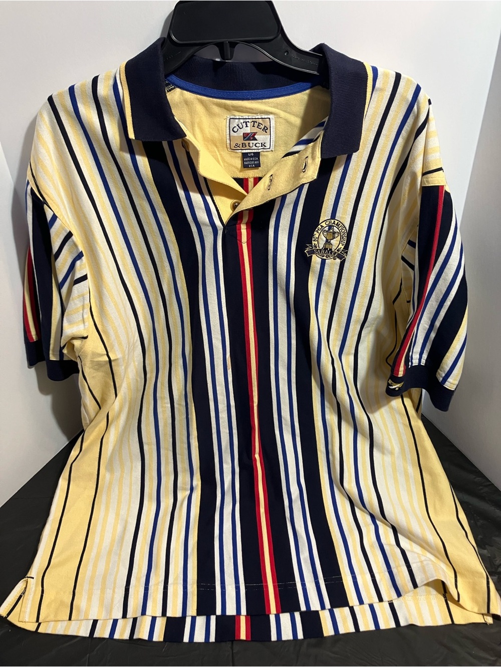 Vintage 90’s Cutter & Buck Yellow Polo with Navy and Red Stripes
